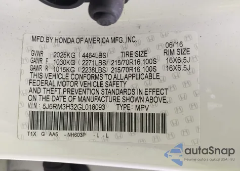 2016 Honda Cr-V Lx из США, поврежденный, VIN 5J6RM3H32GL018093